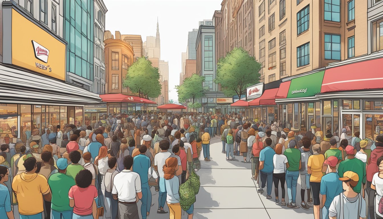 A crowded city street with a Wendy's and Shake Shack side by side, each with long lines of customers waiting to order