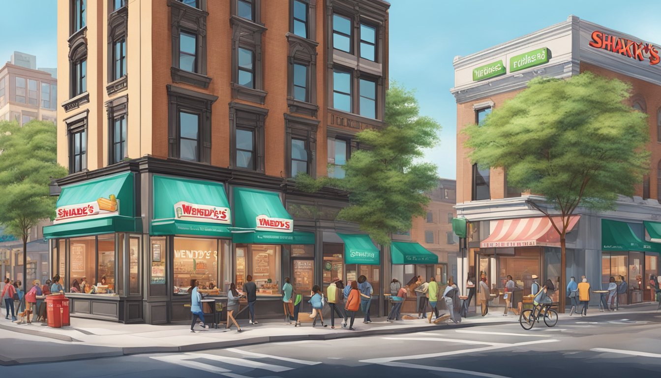 A bustling city street corner with a Wendy's and Shake Shack side by side, each with their distinct branding and signage