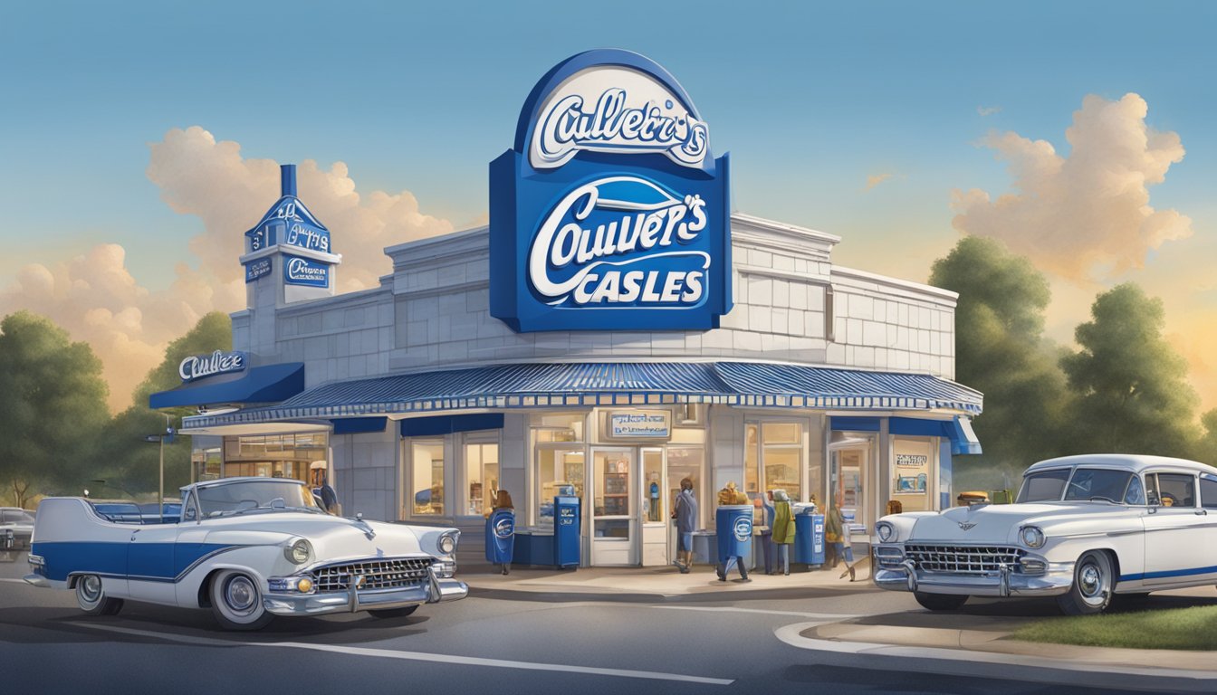 A white castle and a Culver's stand side by side, each with their distinct architectural style and signage. The surrounding landscape is dotted with cars and a few customers entering and exiting the establishments