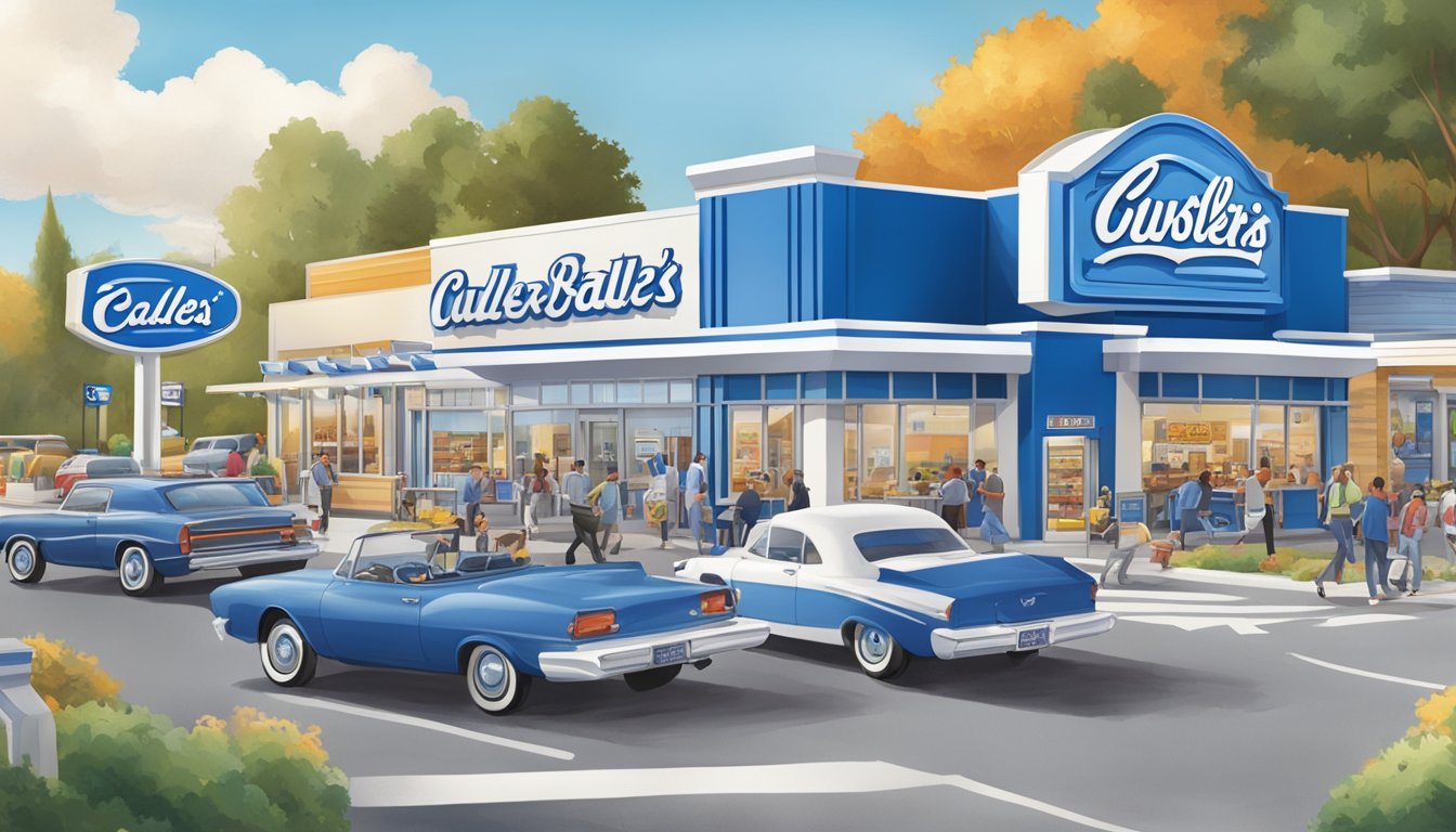 A bustling fast-food restaurant with a white castle on one side and a Culver's on the other, each with their distinctive signage and drive-thru lanes