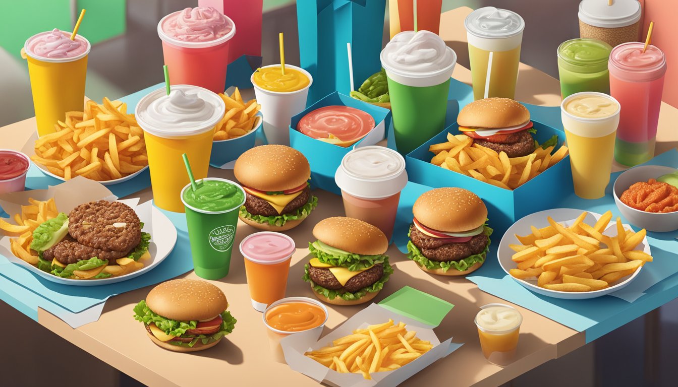 A table with burgers, fries, and drinks from Wendy's and Shake Shack, surrounded by colorful packaging and condiments