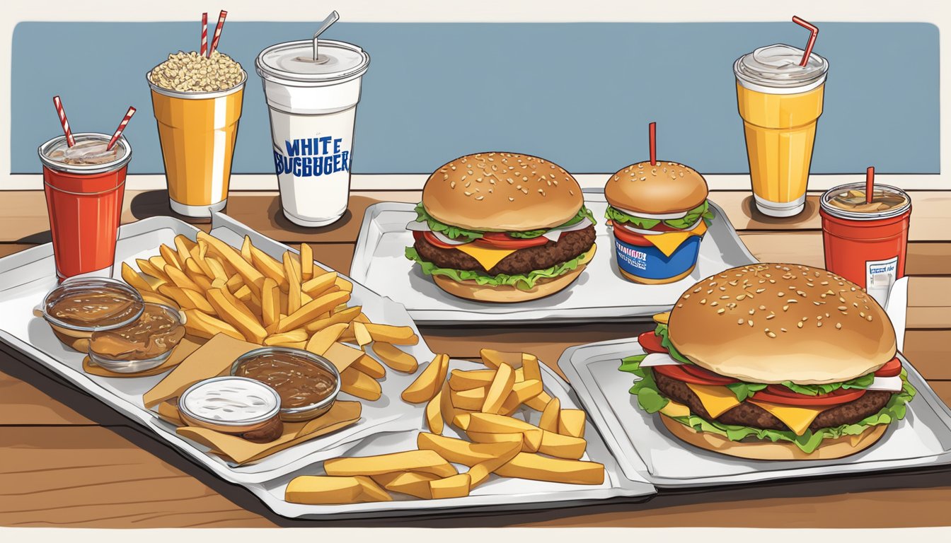 A table with two trays of burgers, fries, and drinks, labeled "White Castle" and "Smashburger." Each item is neatly arranged for comparison