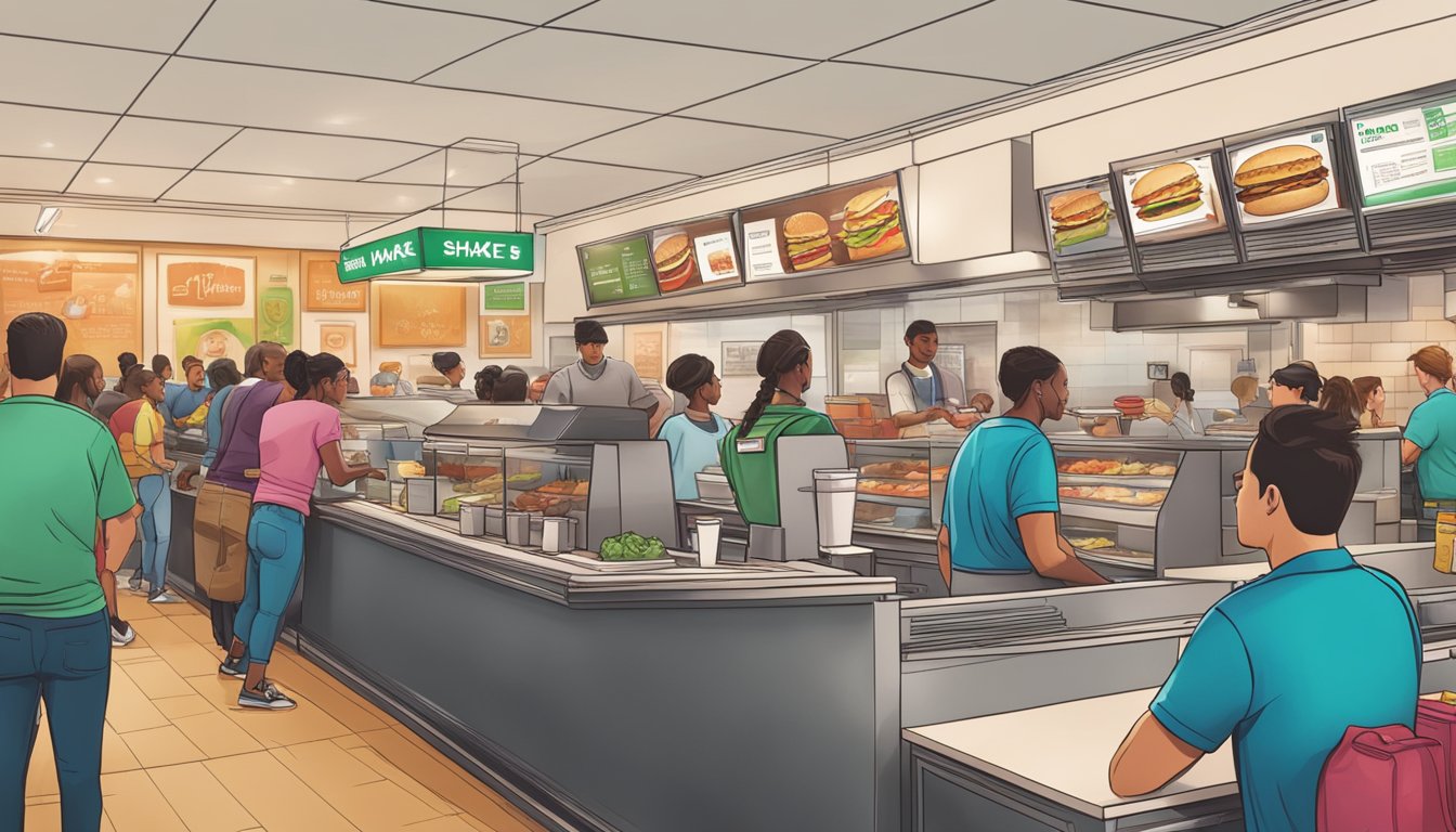 A bustling fast-food restaurant with a line of customers at Wendy's and Shake Shack, employees taking orders and preparing food behind the counter