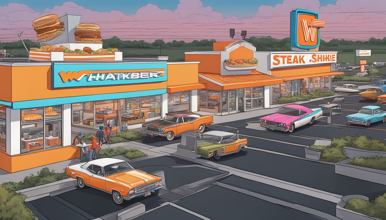 A crowded Whataburger and Steak 'n Shake facing each other across a busy street, with neon signs and drive-thru lanes