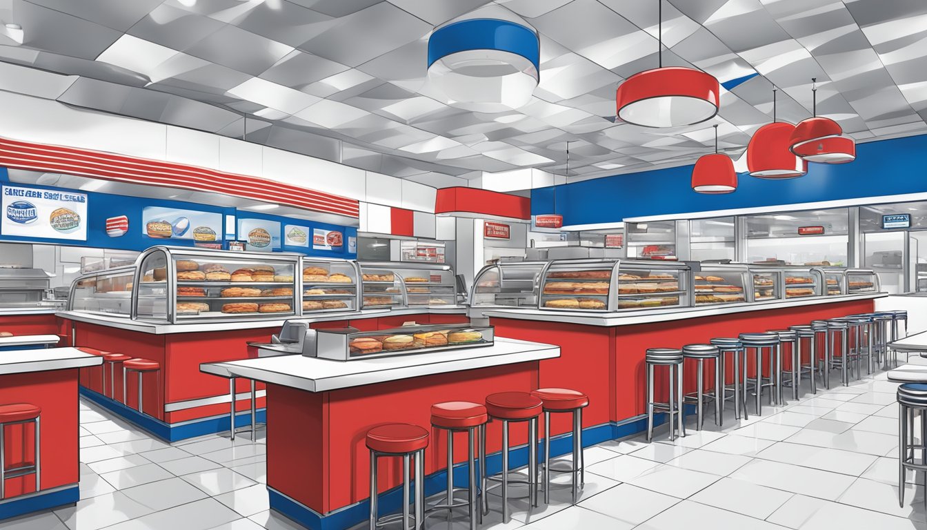 A crowded food court with two distinct burger joints. White Castle's iconic blue and white decor contrasts with Smashburger's modern red and black aesthetic