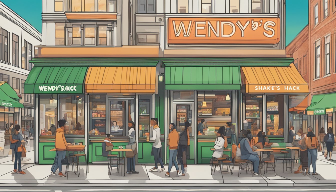 A bustling city street with Wendy's and Shake Shack side by side, each with a line of customers. Brightly lit signs display their pricing and value propositions