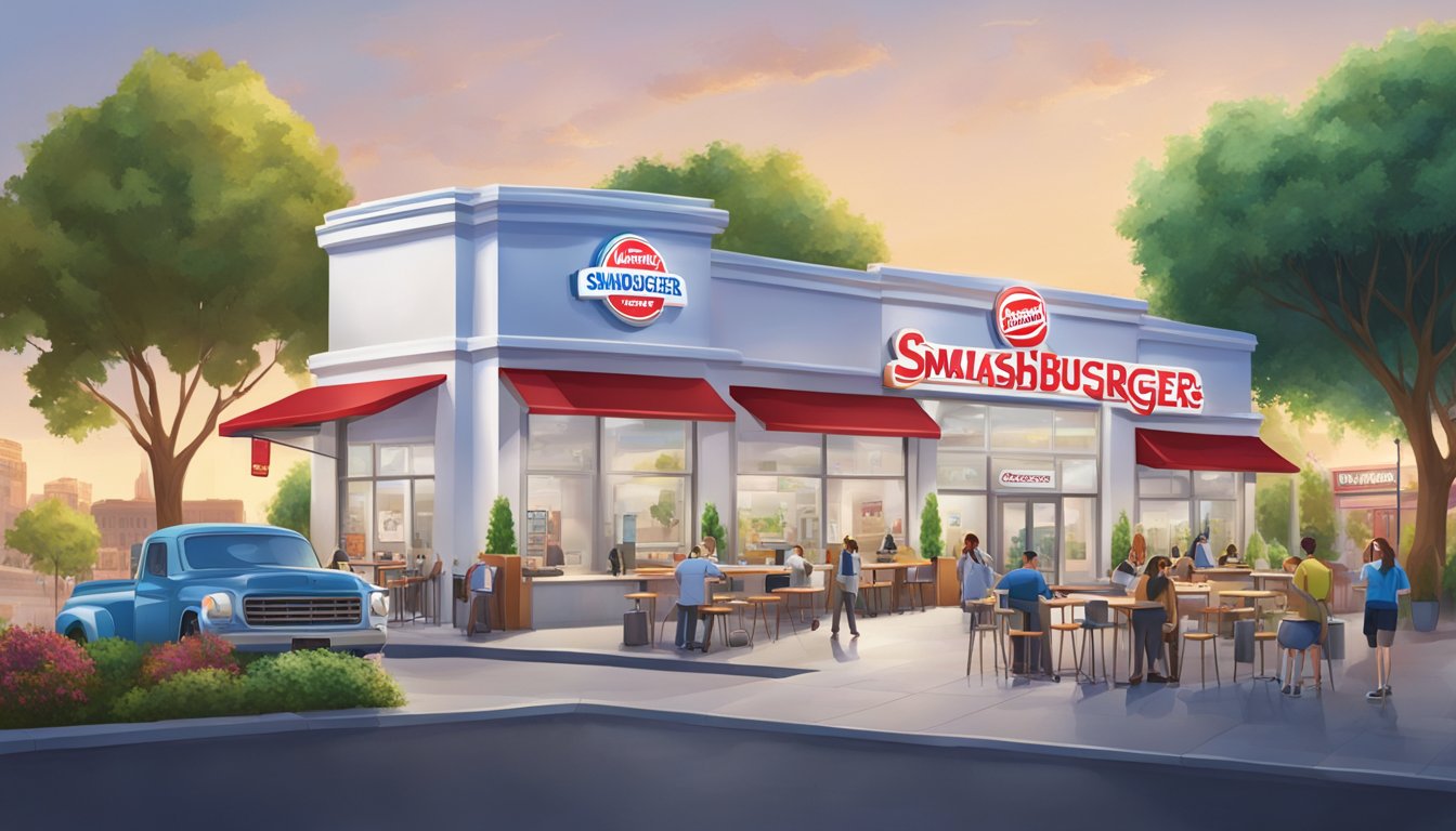 A white castle and a smashburger stand side by side in a bustling city square. The white castle is surrounded by lush greenery, while the smashburger is nestled in a modern glass building