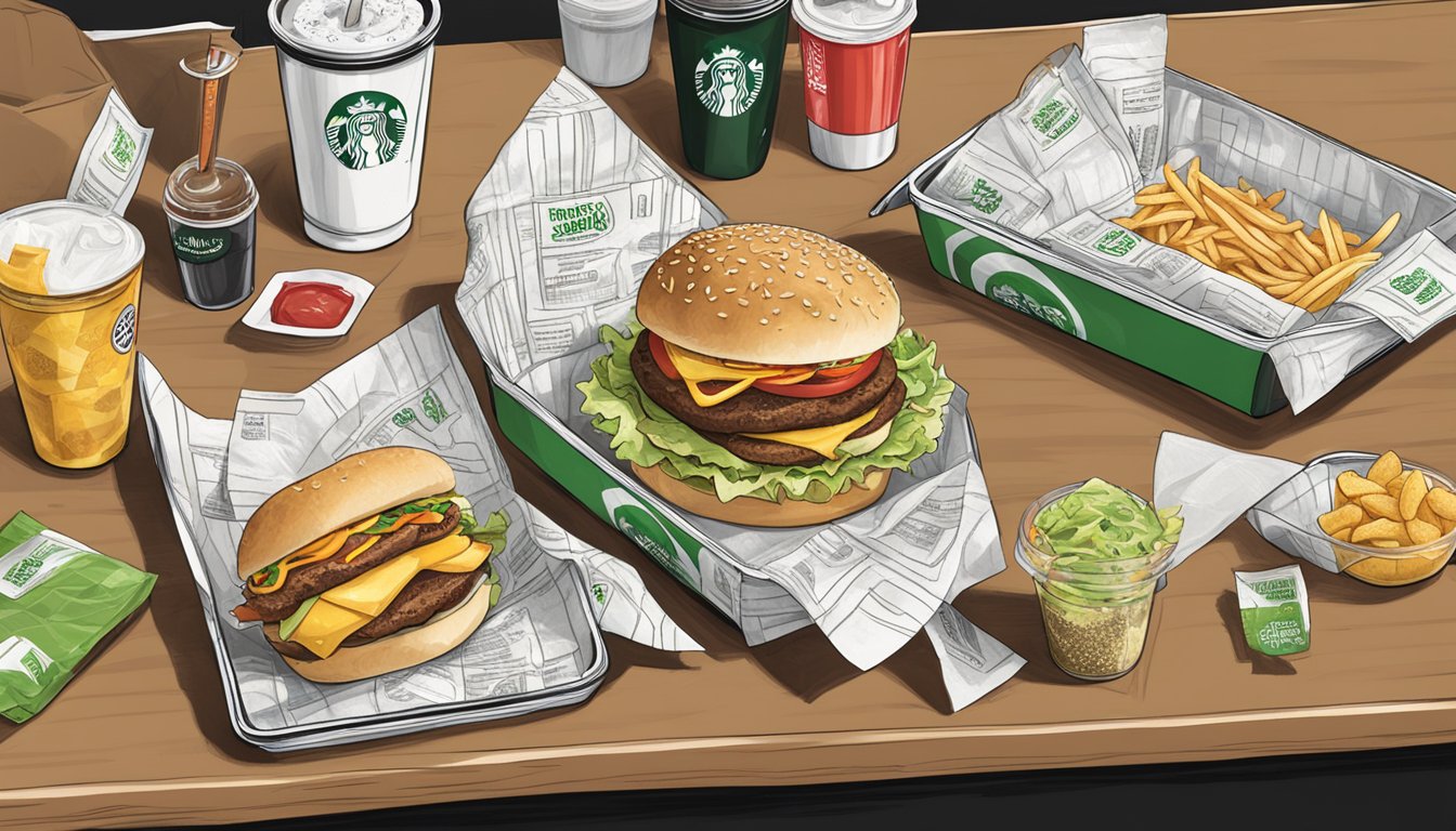 A table with two trays of fast food, one from Wendy's and one from Shake Shack, surrounded by scattered napkins and condiment packets