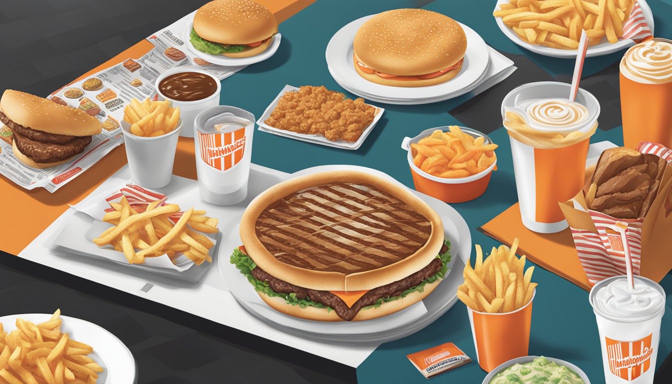 A table with Whataburger and Steak 'n Shake menus side by side, surrounded by iconic food items from each restaurant