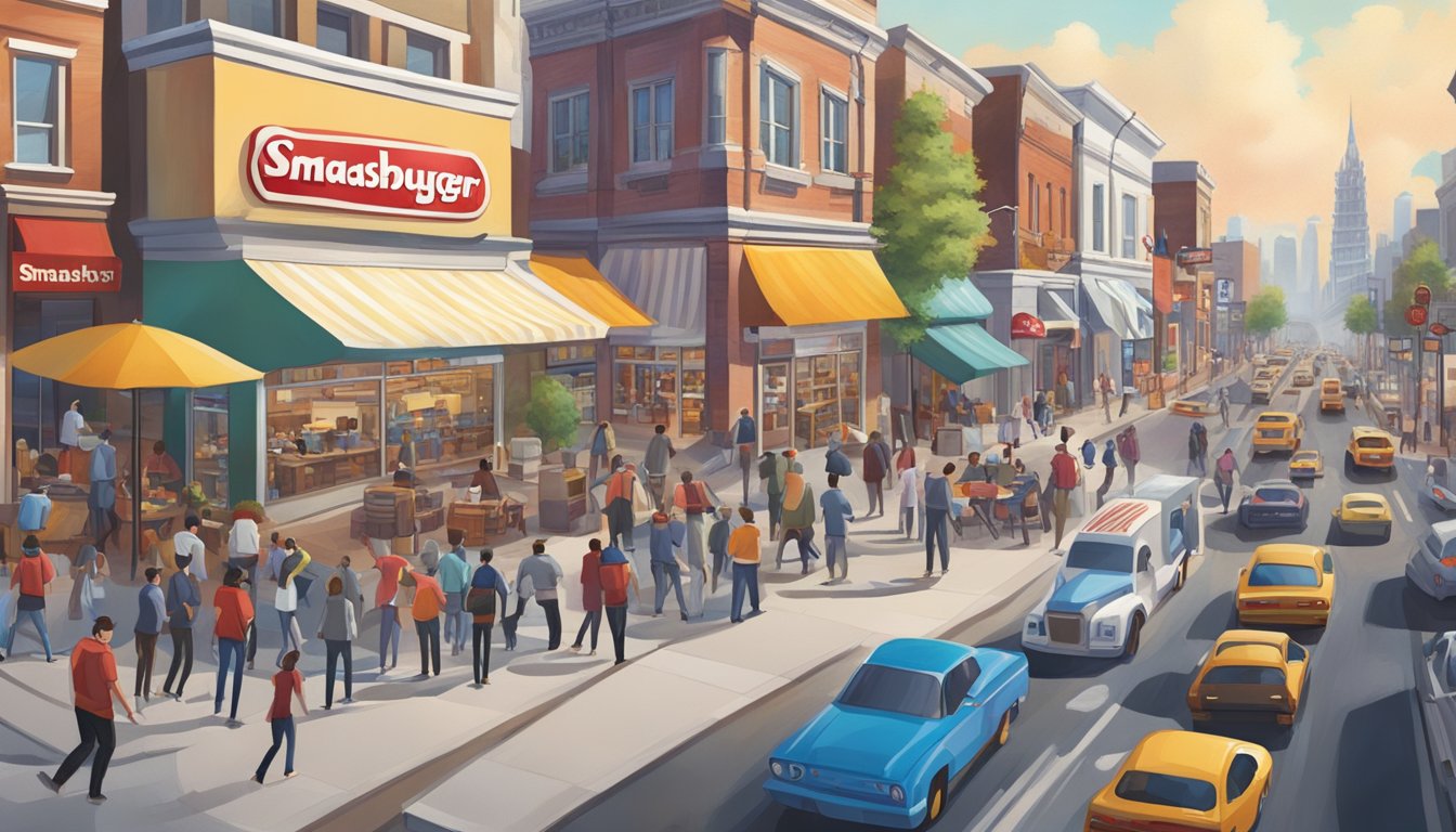 A bustling city street with a white castle and a smashburger restaurant facing each other, surrounded by eager customers and busy traffic