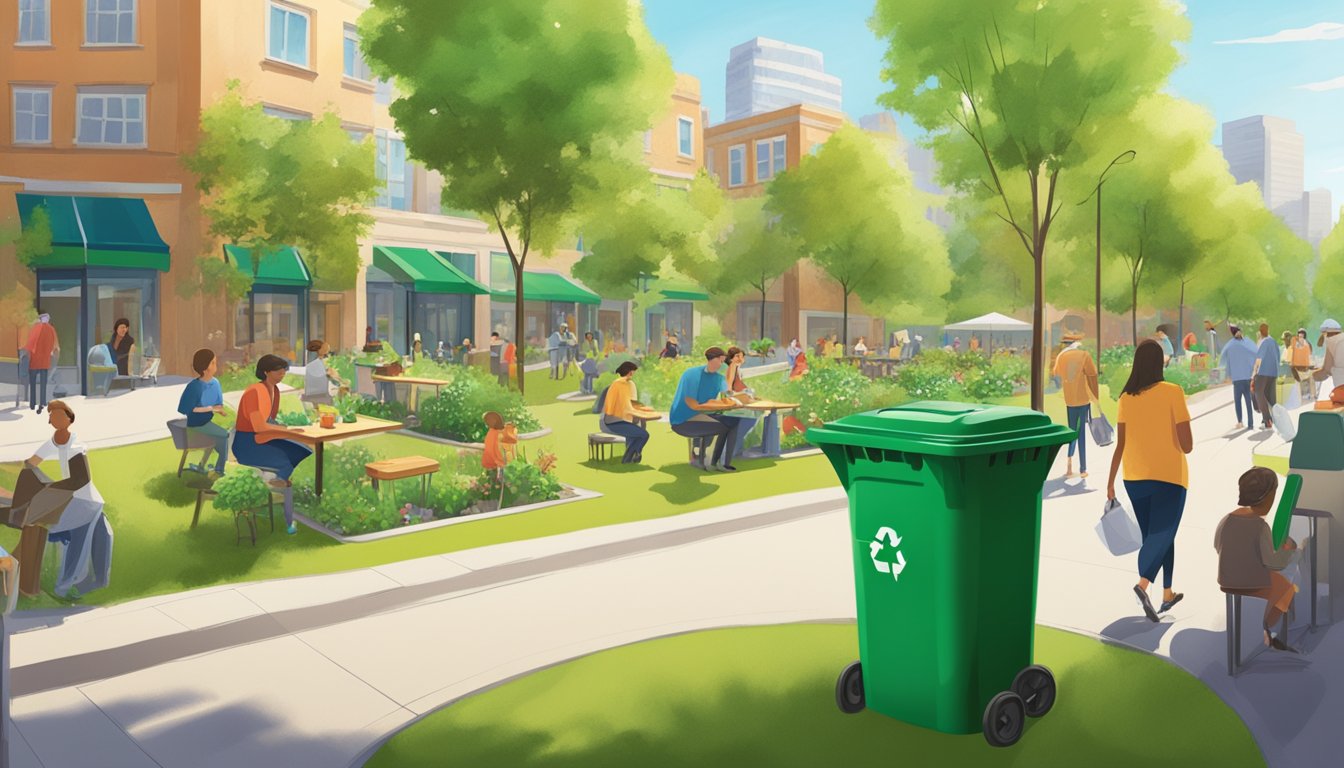 A lush green park with recycling bins and community gardens, contrasting with a bustling city street with people dining at environmentally conscious fast food chains