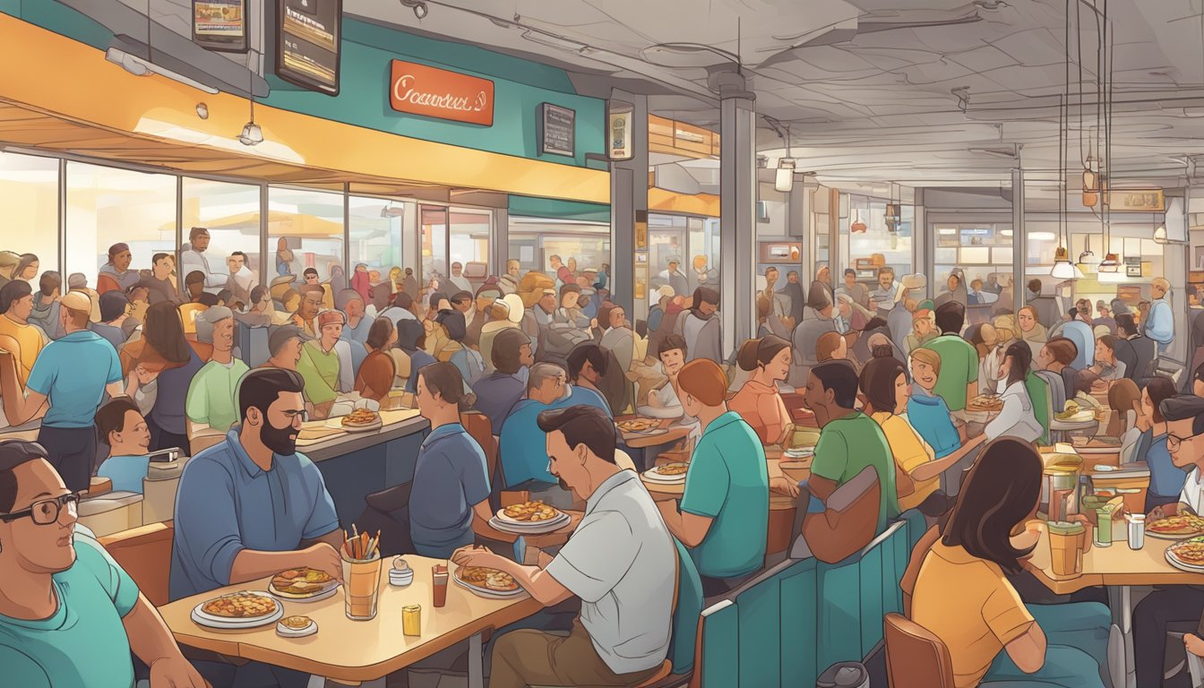 A crowded fast-food restaurant vs. a bustling diner, both with long lines and happy customers