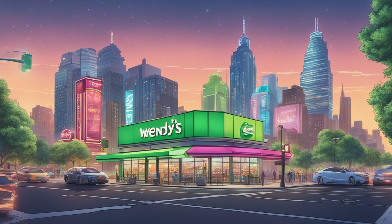 A futuristic city skyline with a Wendy's and Shake Shack restaurant facing each other across a bustling street