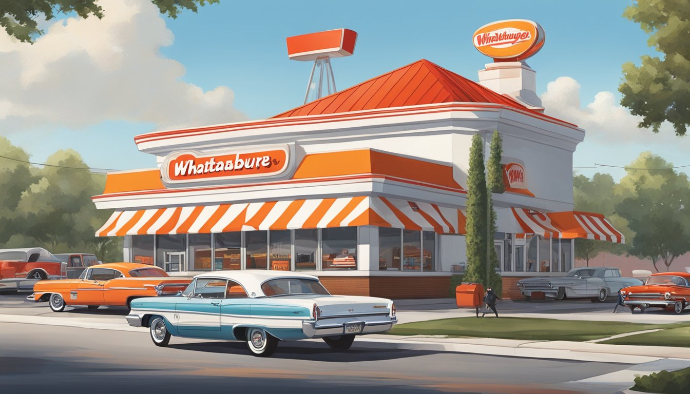 A bustling Whataburger with a distinctive orange and white striped roof stands next to a classic red and white Steak 'n Shake. Both restaurants are surrounded by parked cars and a steady flow of customers