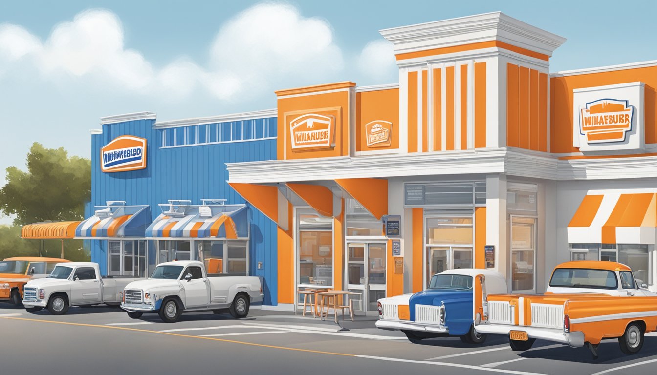 A bustling Whataburger and White Castle stand side by side, each with a line of loyal customers. The iconic orange and white buildings exude a sense of history and legacy