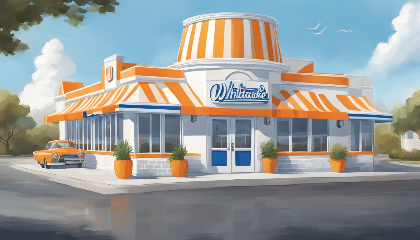 A bustling Whataburger with orange and white decor contrasts a serene White Castle with blue and white decor