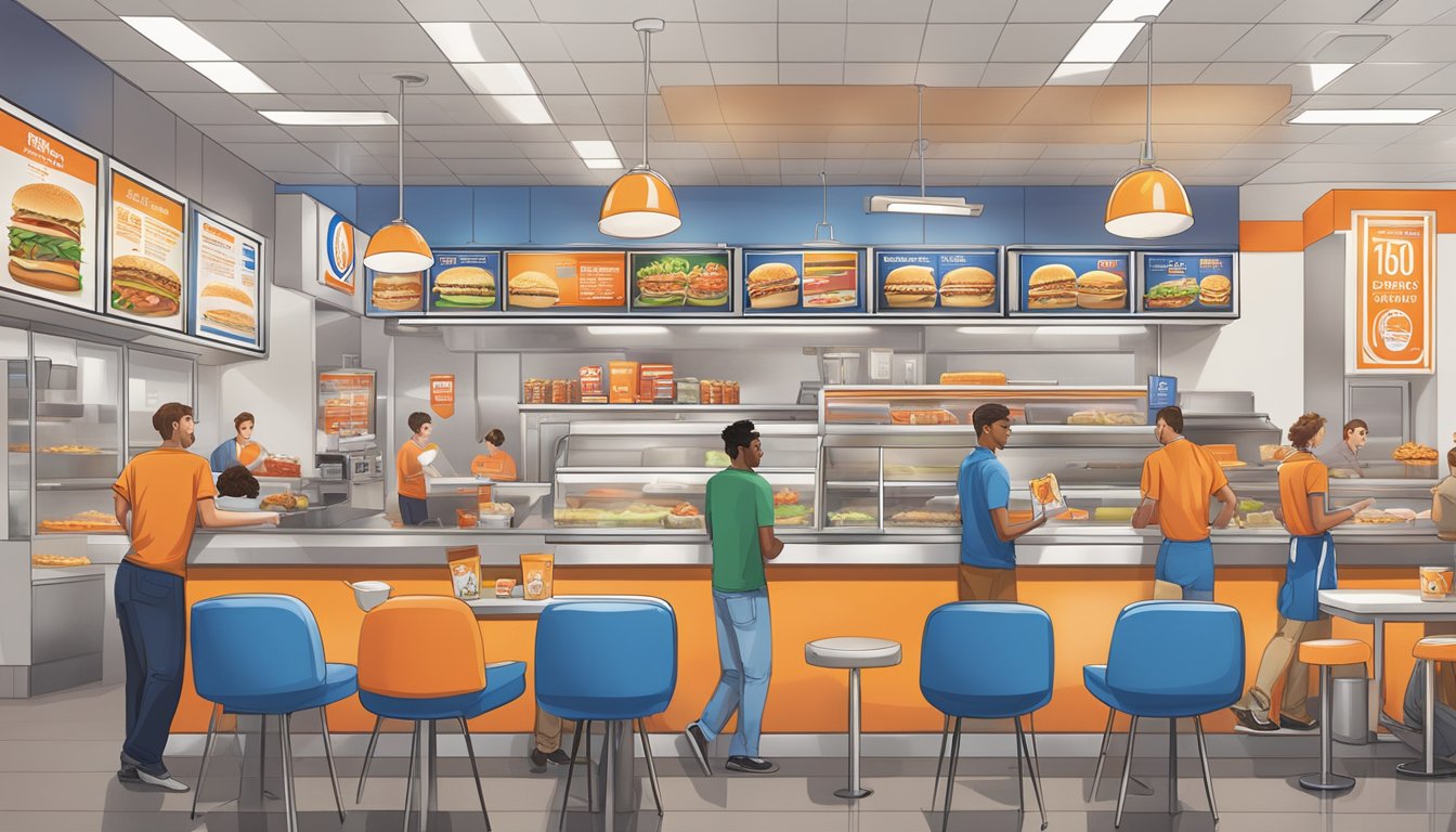 A bustling fast-food restaurant with colorful signage and a line of customers at the counter, featuring menu items from Whataburger and White Castle