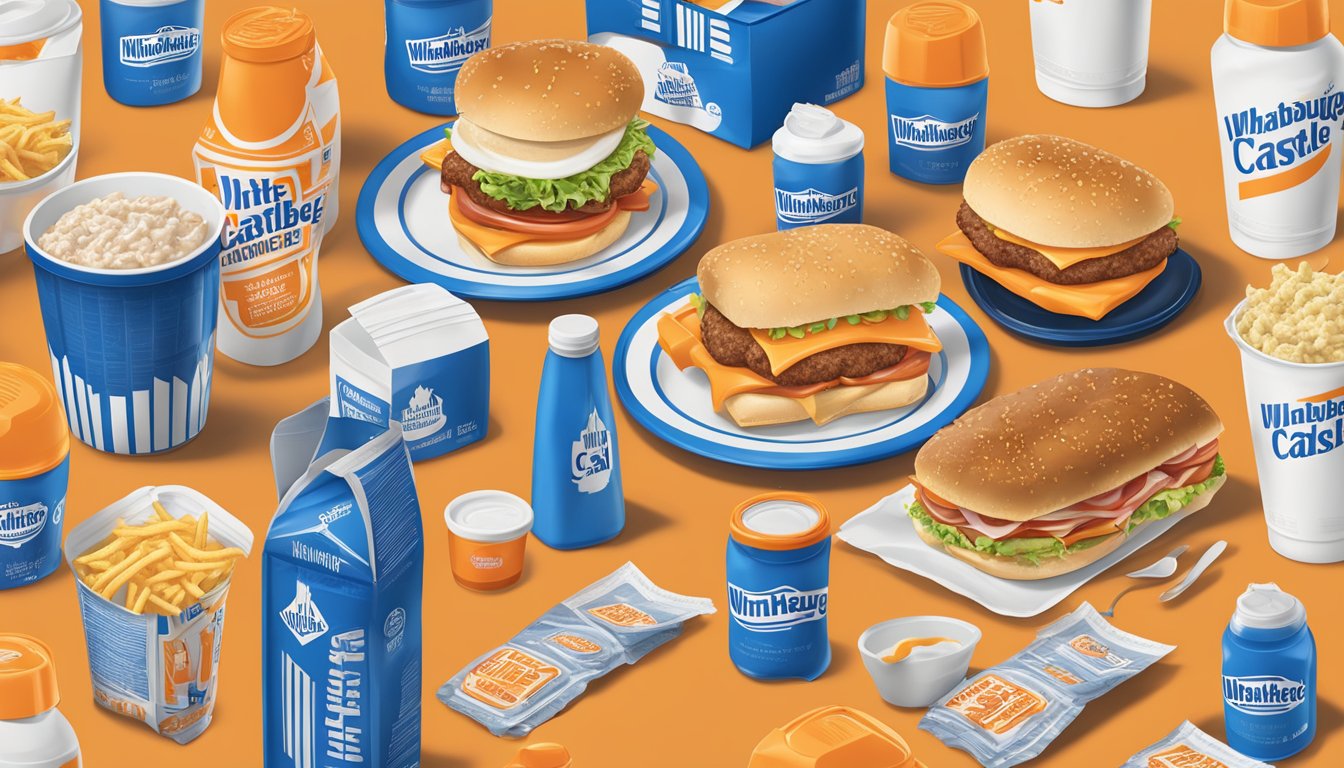 A table with Whataburger and White Castle meals, surrounded by iconic packaging and condiments