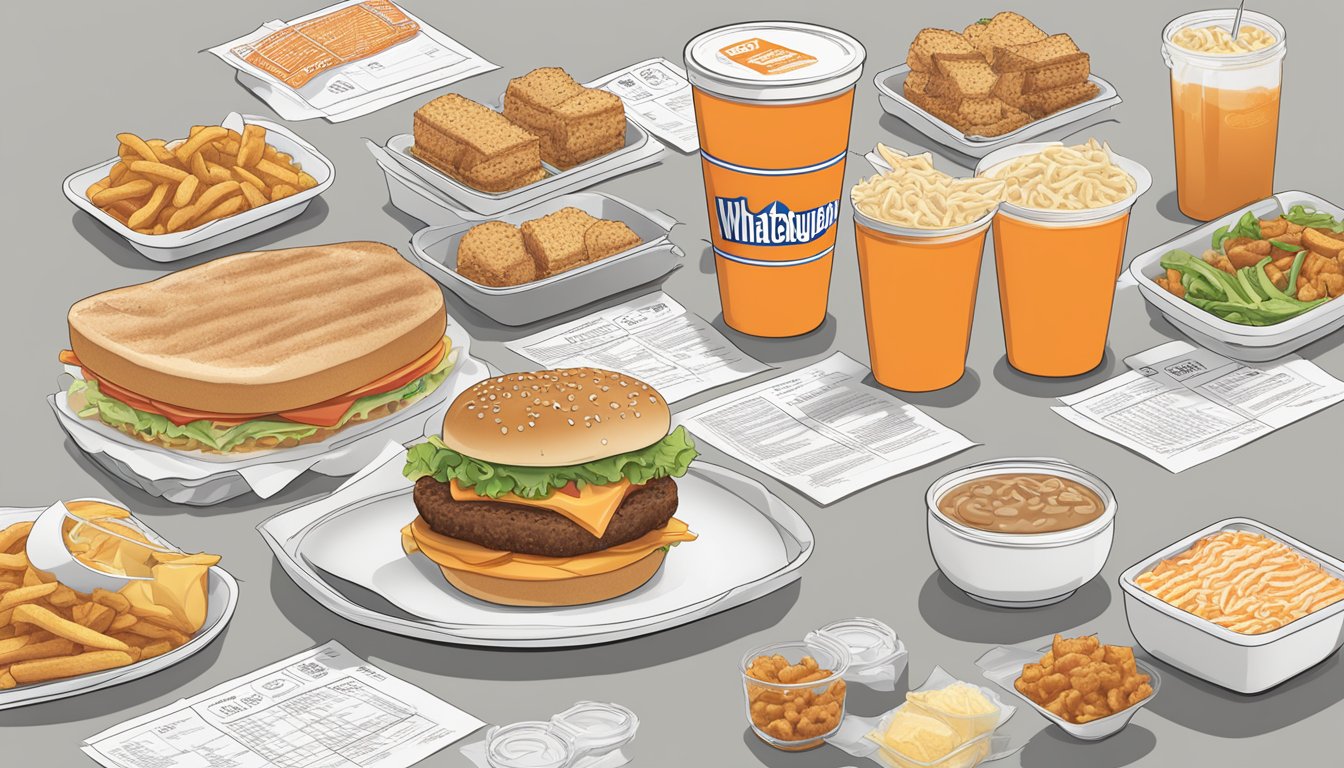 A table with Whataburger and White Castle meals, surrounded by nutritional information charts and comparison notes