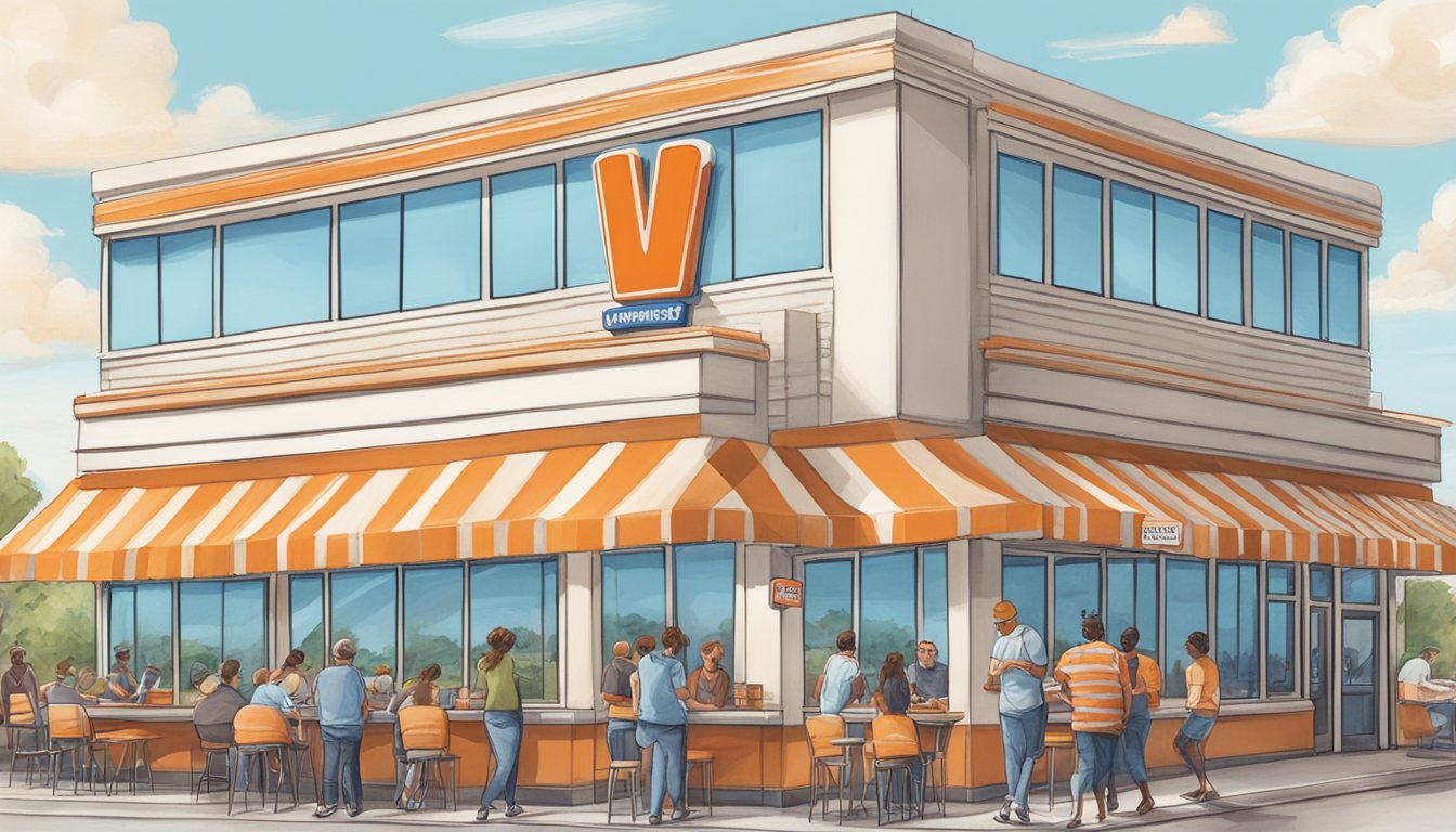 A bustling Whataburger with a long line of customers, while a serene White Castle sits with a few patrons enjoying their meals