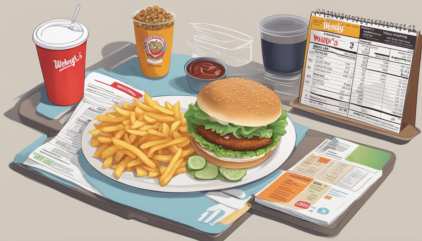 A table with a Wendy's and Jack in the Box meal, surrounded by nutritional information and a scale