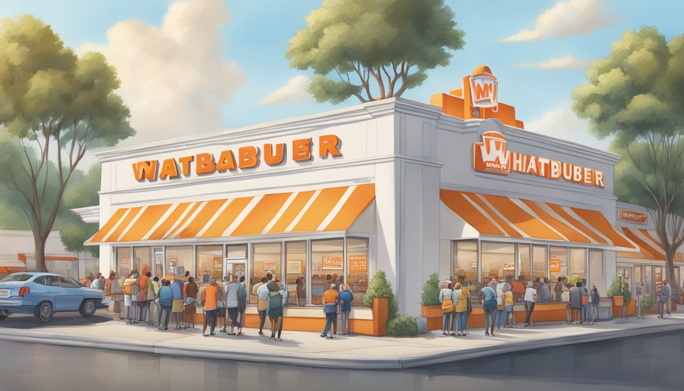 A crowded Whataburger store with a line of customers out the door, while a nearly empty White Castle store sits across the street