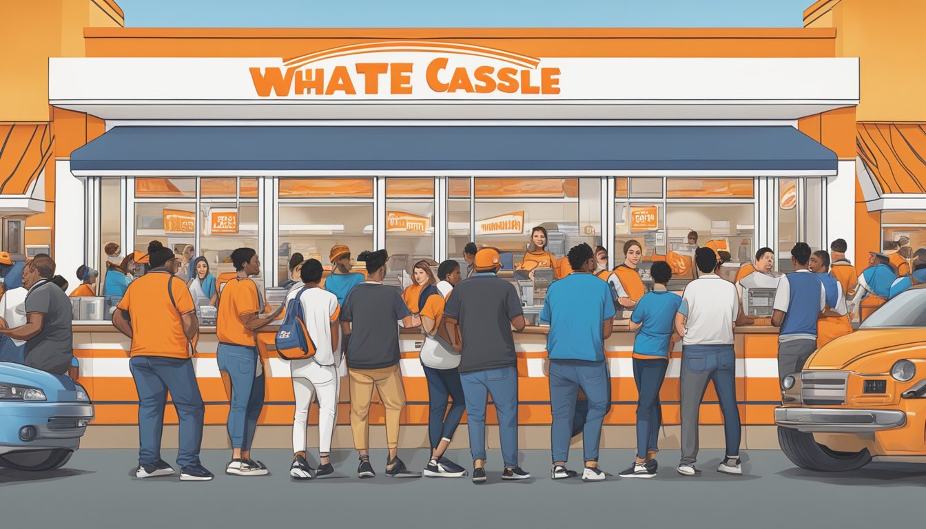 A crowded Whataburger and White Castle with long lines and customers wearing branded merchandise