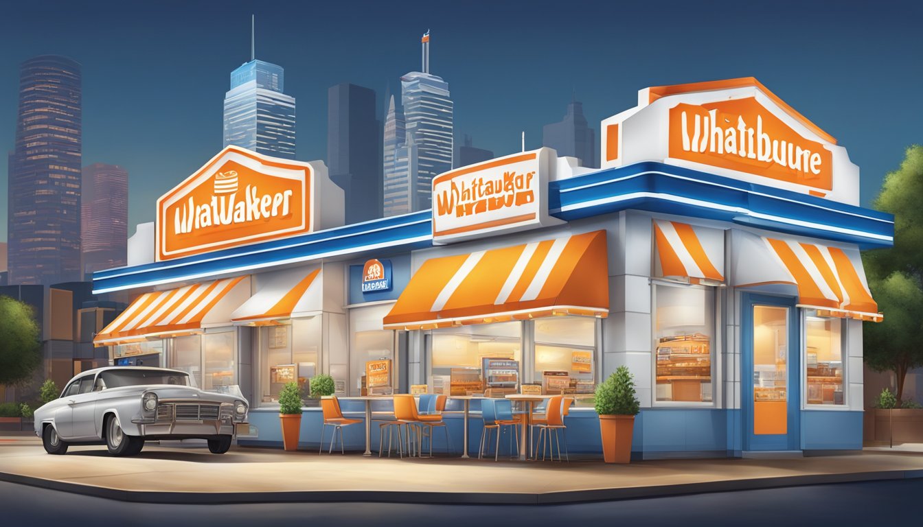 A Whataburger and White Castle restaurant stand side by side in a bustling cityscape, each with its unique architecture and signage, surrounded by diverse urban scenery