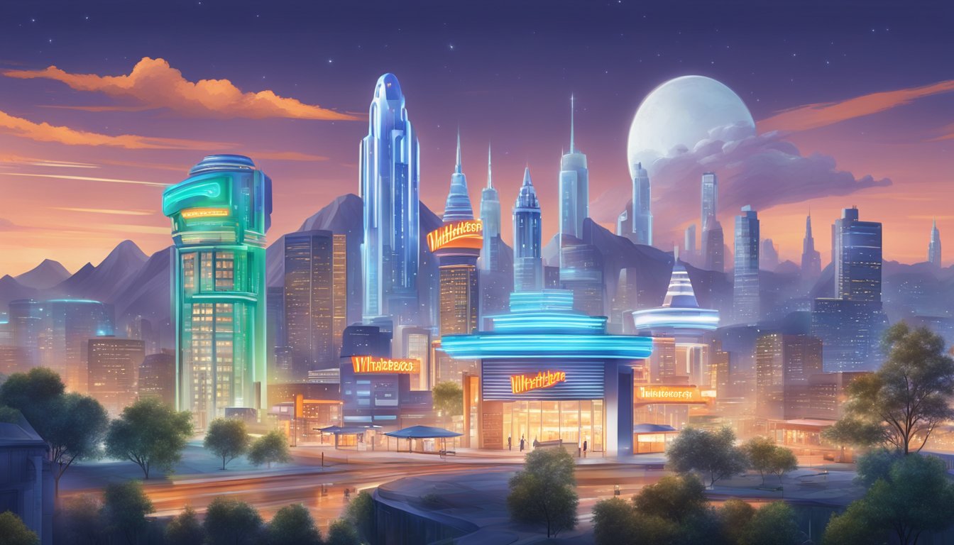 A futuristic city skyline with Whataburger and White Castle restaurants shining brightly among other buildings