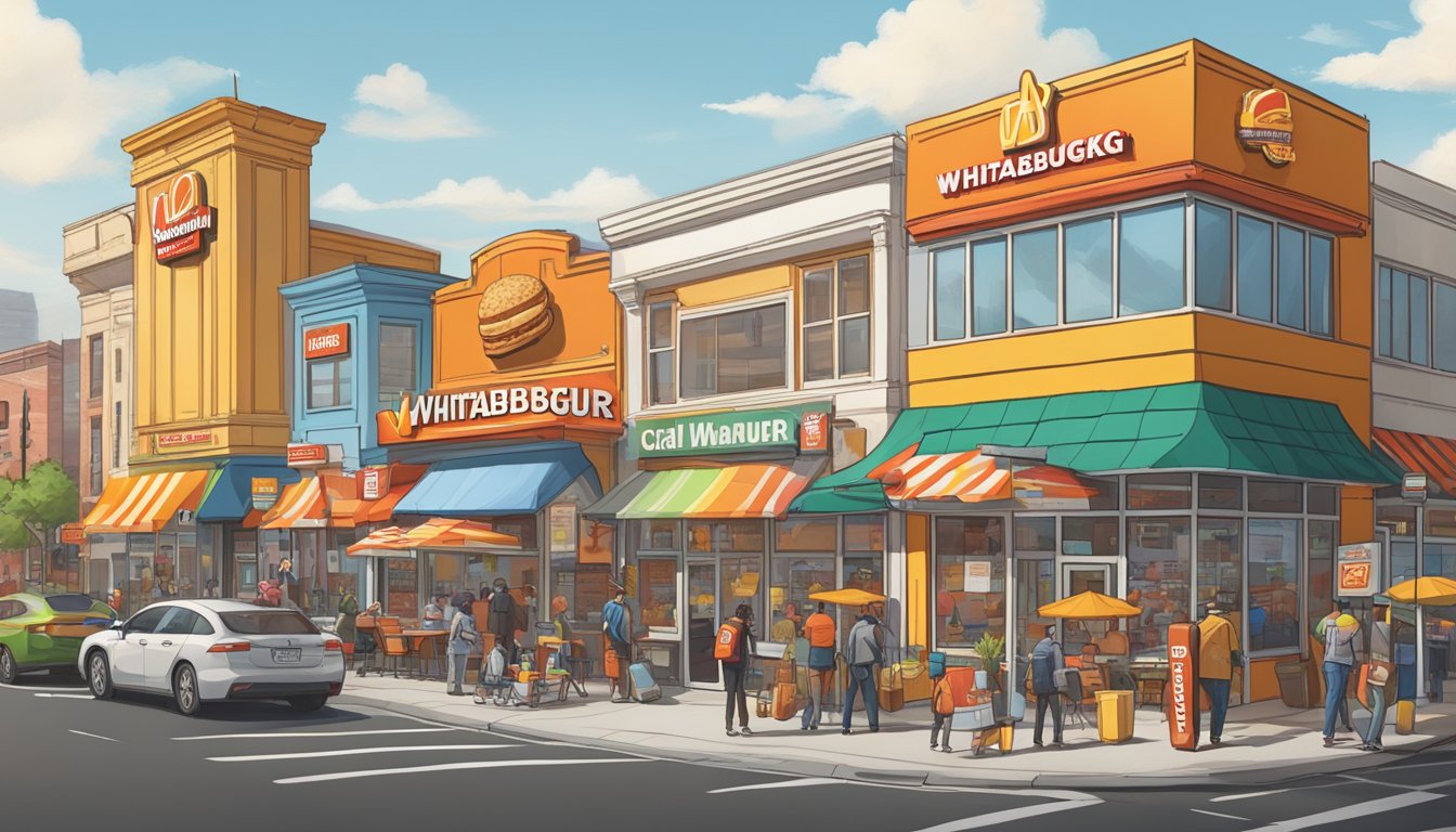 A bustling city street with a prominent WhatABurger storefront on one side and a Carls Jr on the other, both adorned with colorful signage and logos