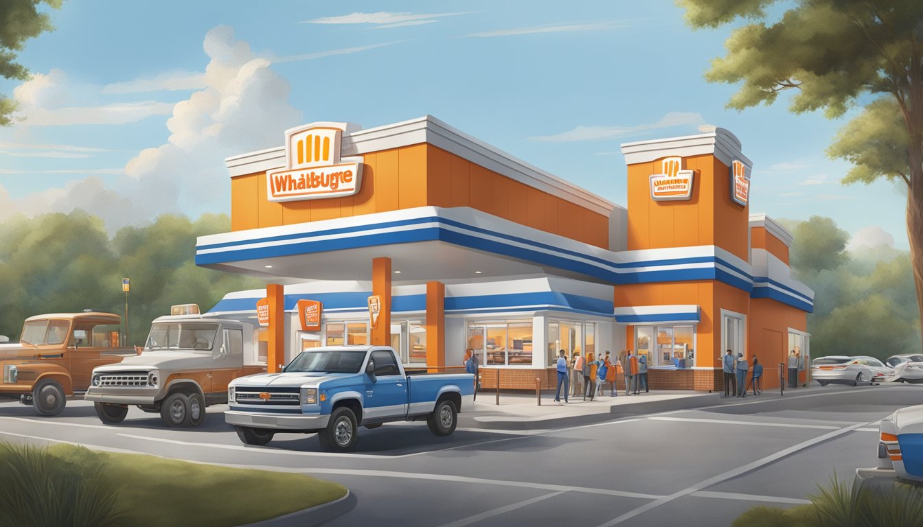 A bustling Whataburger and White Castle side by side, with customers lined up at the drive-thru and dining area, showcasing their distinct architectural styles and branding