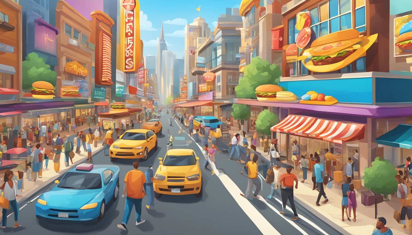 A crowded street with two competing fast-food restaurants, their colorful signs and logos prominently displayed