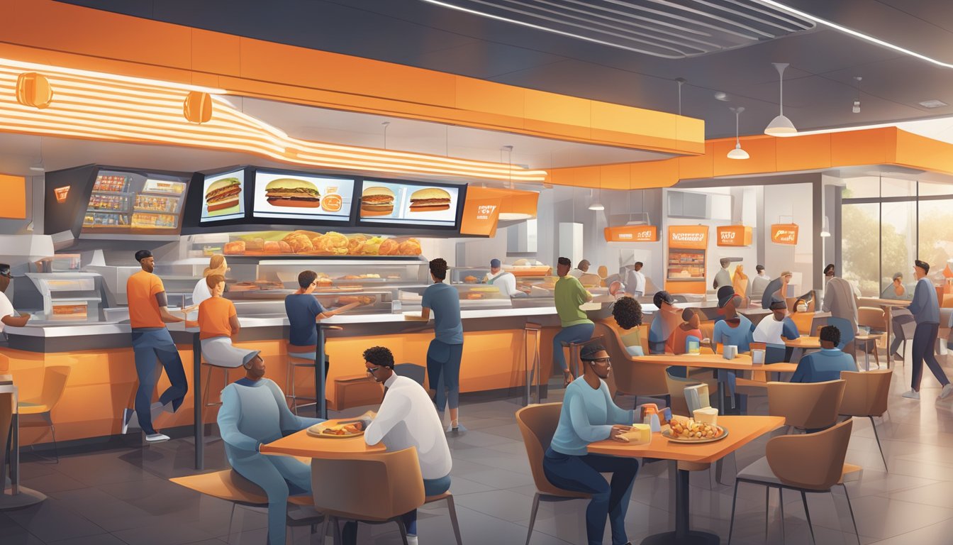 A bustling fast-food restaurant with futuristic design elements and high-tech ordering systems. Customers enjoy innovative menu items from Whataburger and Carl's Jr