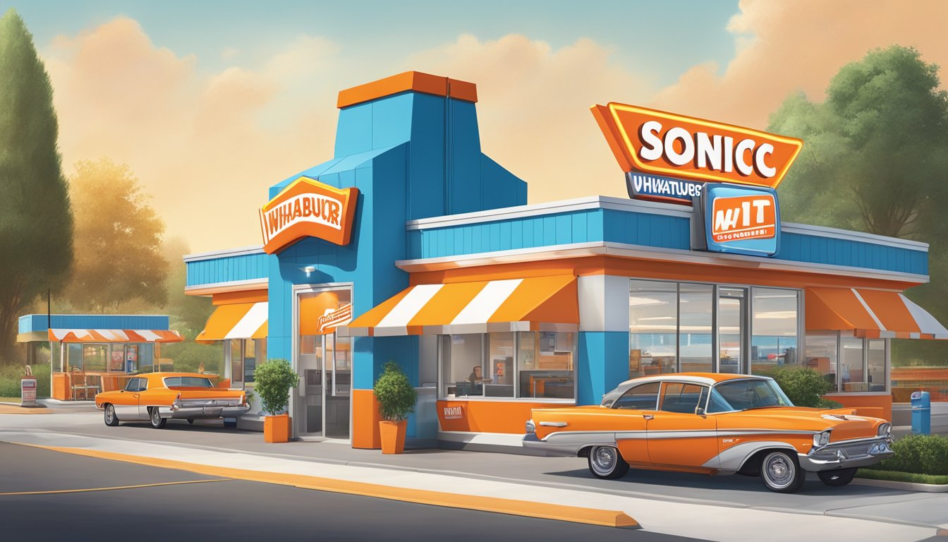 A bustling Whataburger and Sonic Drive-In stand side by side, each with their distinct retro-inspired signage and colorful outdoor seating areas