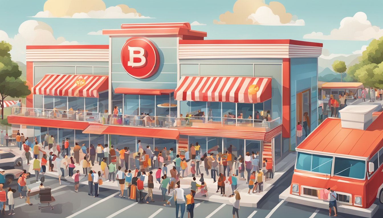 A bustling fast-food restaurant with a red and white striped facade, surrounded by a crowded parking lot and a line of hungry customers