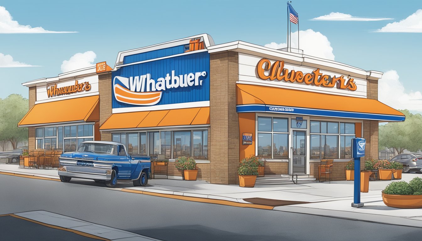 A bustling Whataburger and Culver's restaurant stand side by side, surrounded by a growing cityscape. The two iconic fast food chains symbolize the history and growth of the fast food industry