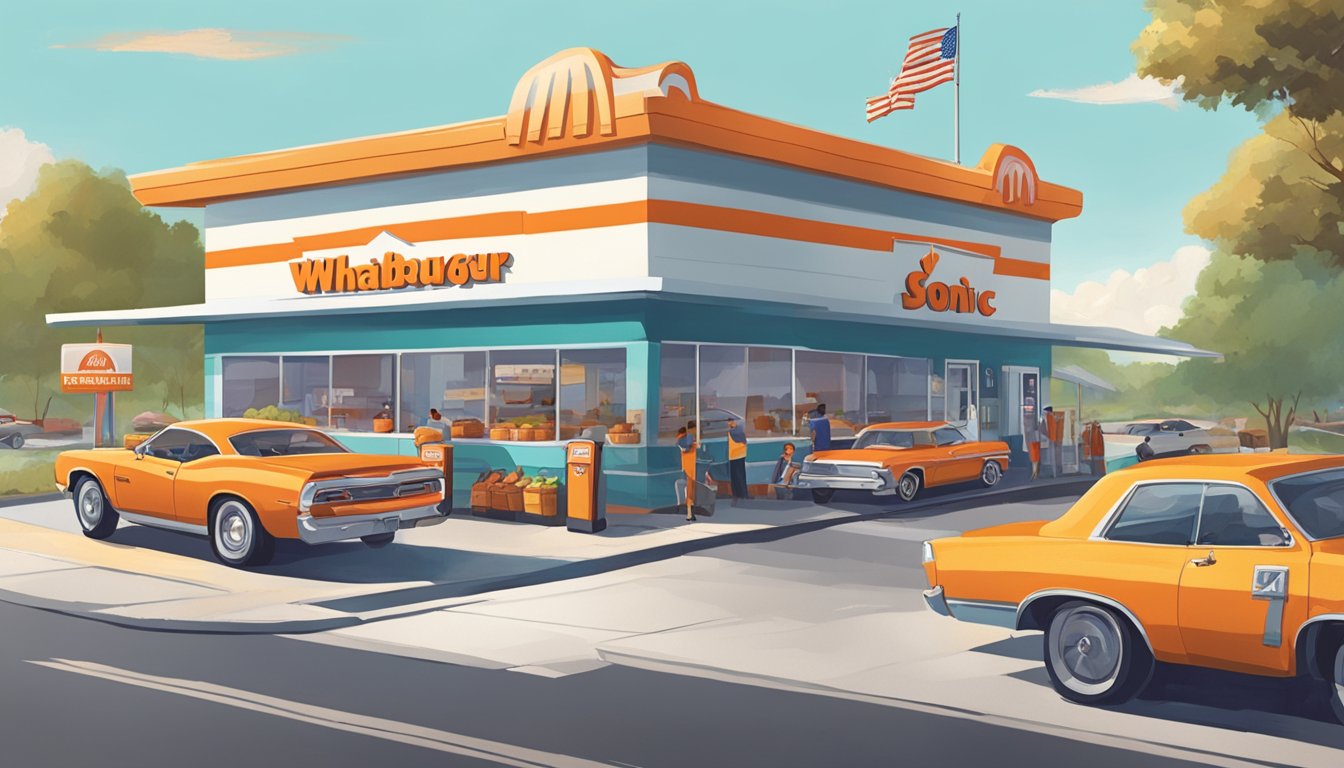 A bustling Whataburger with a crowded dining area and a busy drive-thru. A colorful Sonic Drive-In with carhops delivering food to parked cars