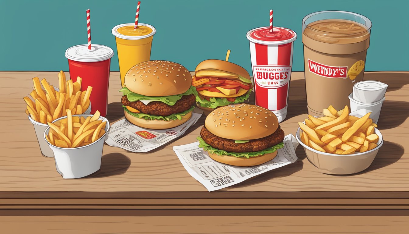 A table with burgers, fries, and drinks from Wendy's and Five Guys, with nutrition facts and health symbols displayed next to each item