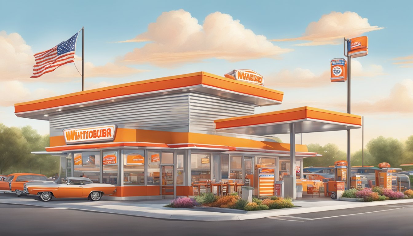 A bustling Whataburger and Sonic Drive In stand side by side, each adorned with their iconic red and orange branding. A steady stream of cars flows through the drive-thru lanes, while colorful signage and menu boards catch the eye