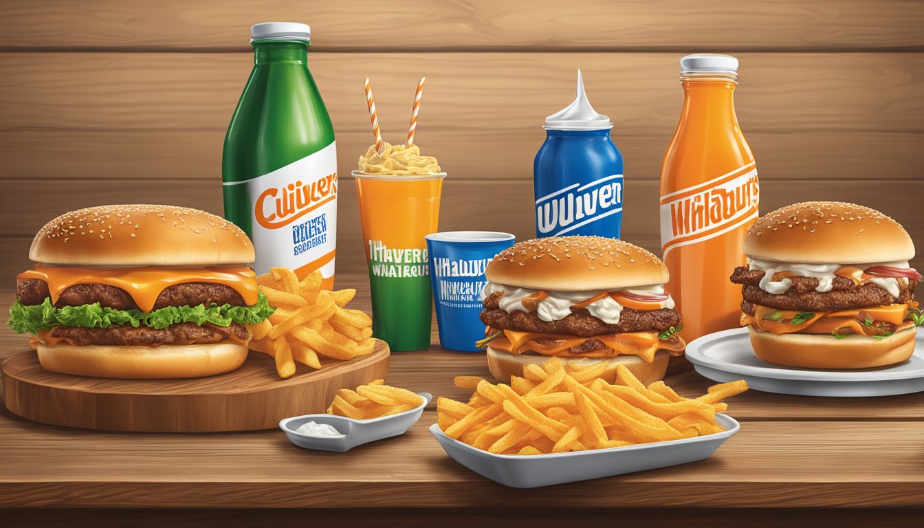 A mouthwatering spread of Whataburger and Culver's signature dishes, arranged on a rustic wooden table with colorful condiments and beverages