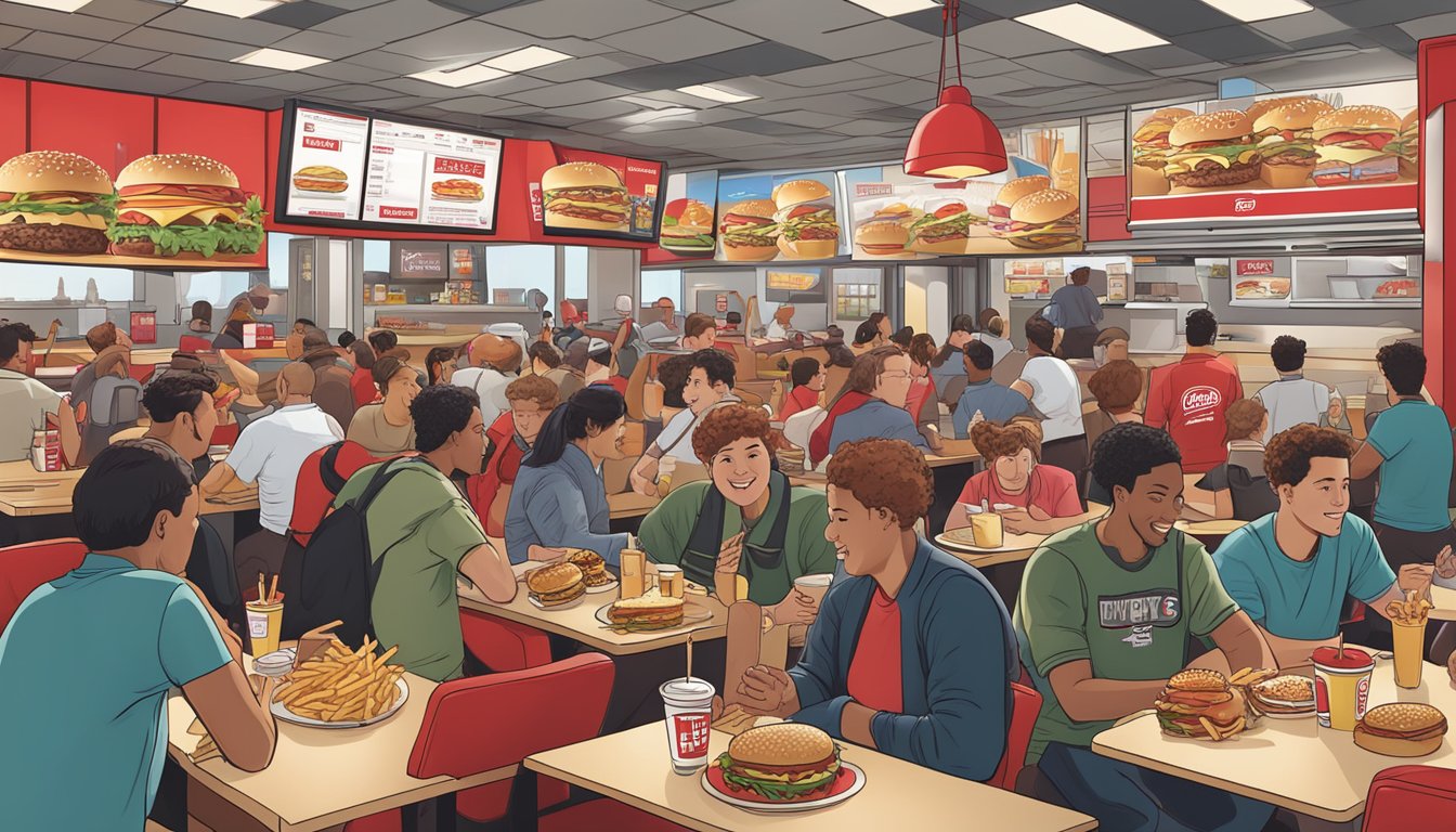 A crowded restaurant with people enjoying burgers and fries, with Wendy's and Five Guys logos prominently displayed