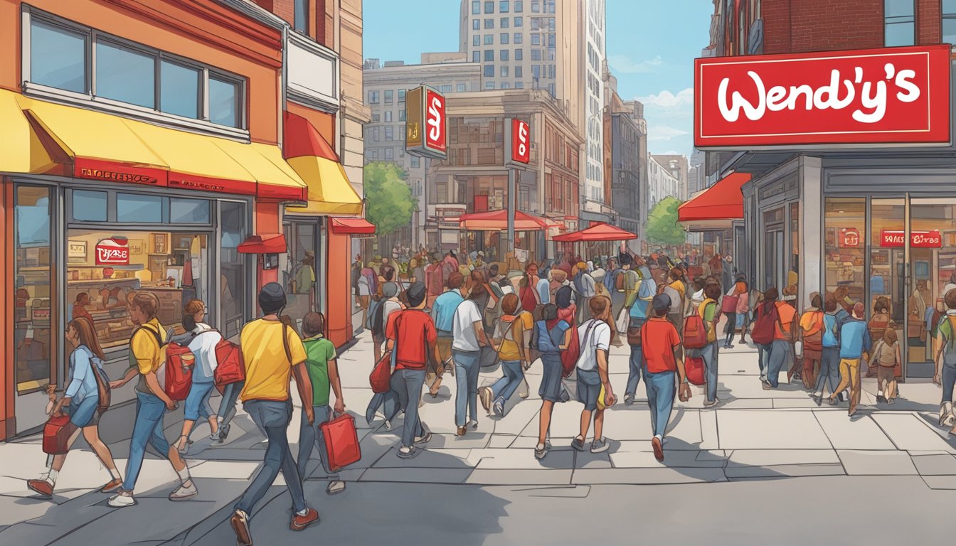 A bustling city street with a Wendy's and Five Guys side by side, each with a steady stream of customers entering and exiting. The Wendy's sign is bright red and yellow, while the Five Guys sign is a bold red and white