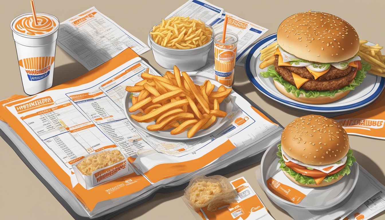 A table with Whataburger and Sonic Drive-In food items, surrounded by nutritional labels and charts