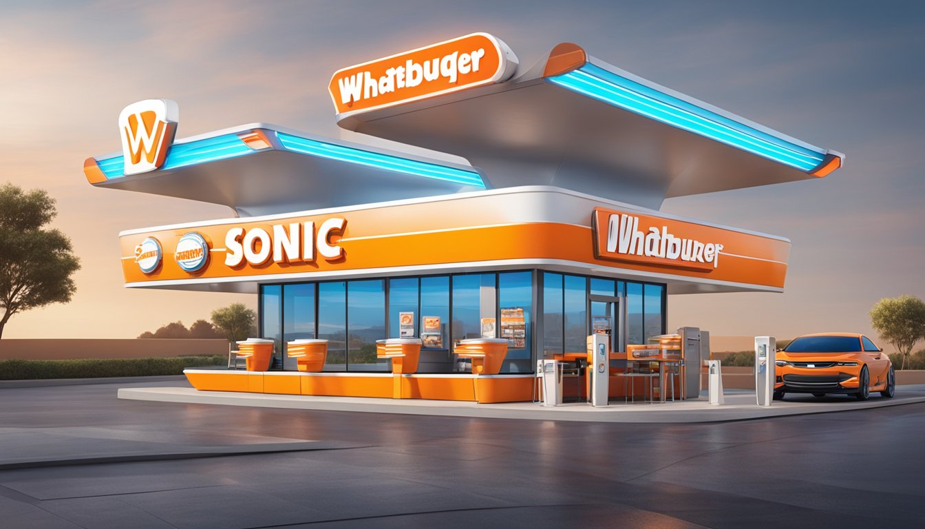 A futuristic Whataburger and Sonic drive-in stand side by side, showcasing advanced technology and sleek design