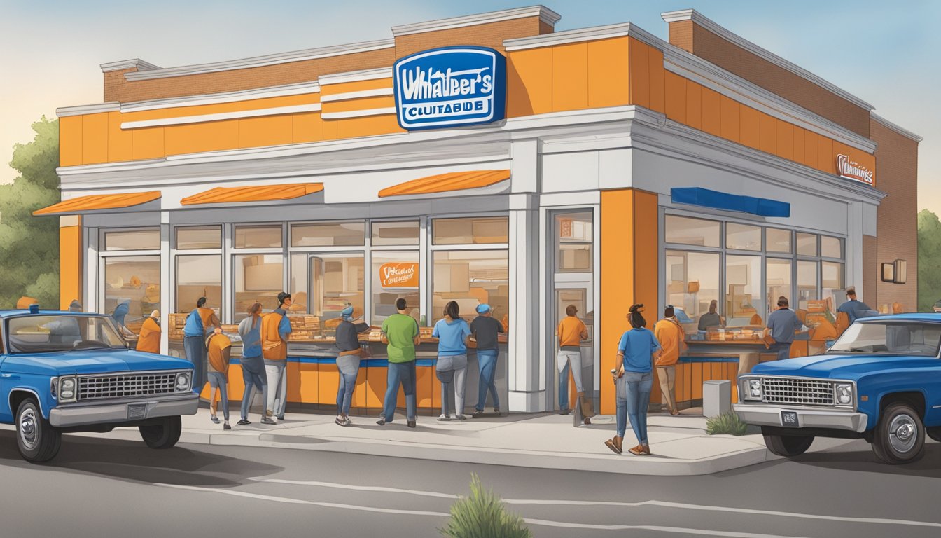 A bustling Whataburger and Culver's side by side, with customers lining up and enjoying their meals, representing the cultural and regional impact of both fast-food chains