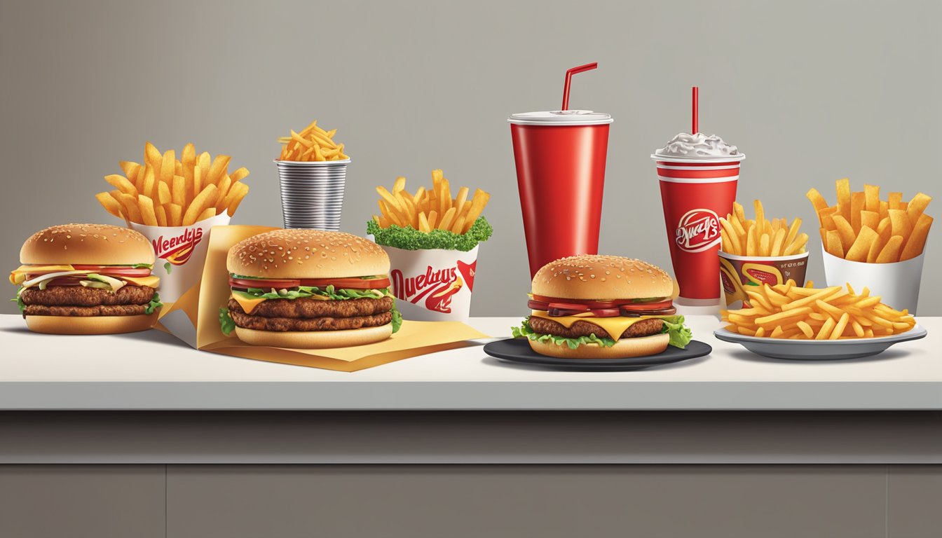 A table with a variety of fast food items from Wendy's and Carl's Jr, including burgers, fries, and drinks, arranged for comparison