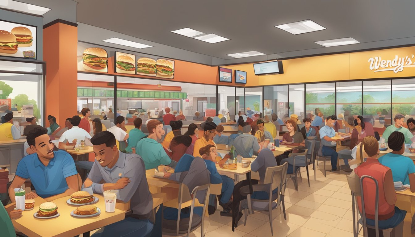 A crowded dining area at Wendy's with customers enjoying their meals, while a more relaxed atmosphere at Carl's Jr with a focus on customer service