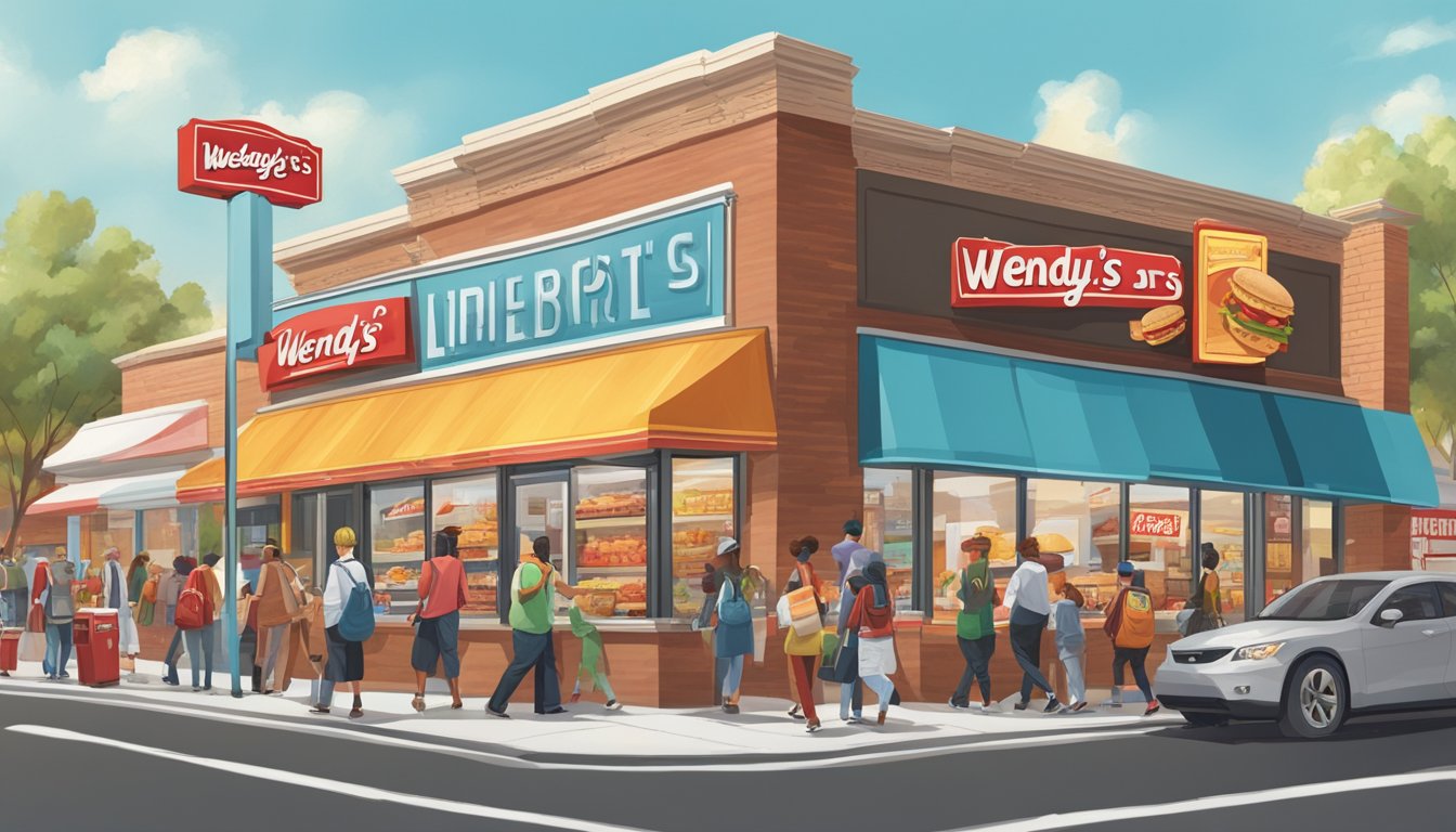 A bustling street with a Wendy's and Carl's Jr. side by side, each with a line of customers extending out the door. Vibrant signs and logos adorn the storefronts