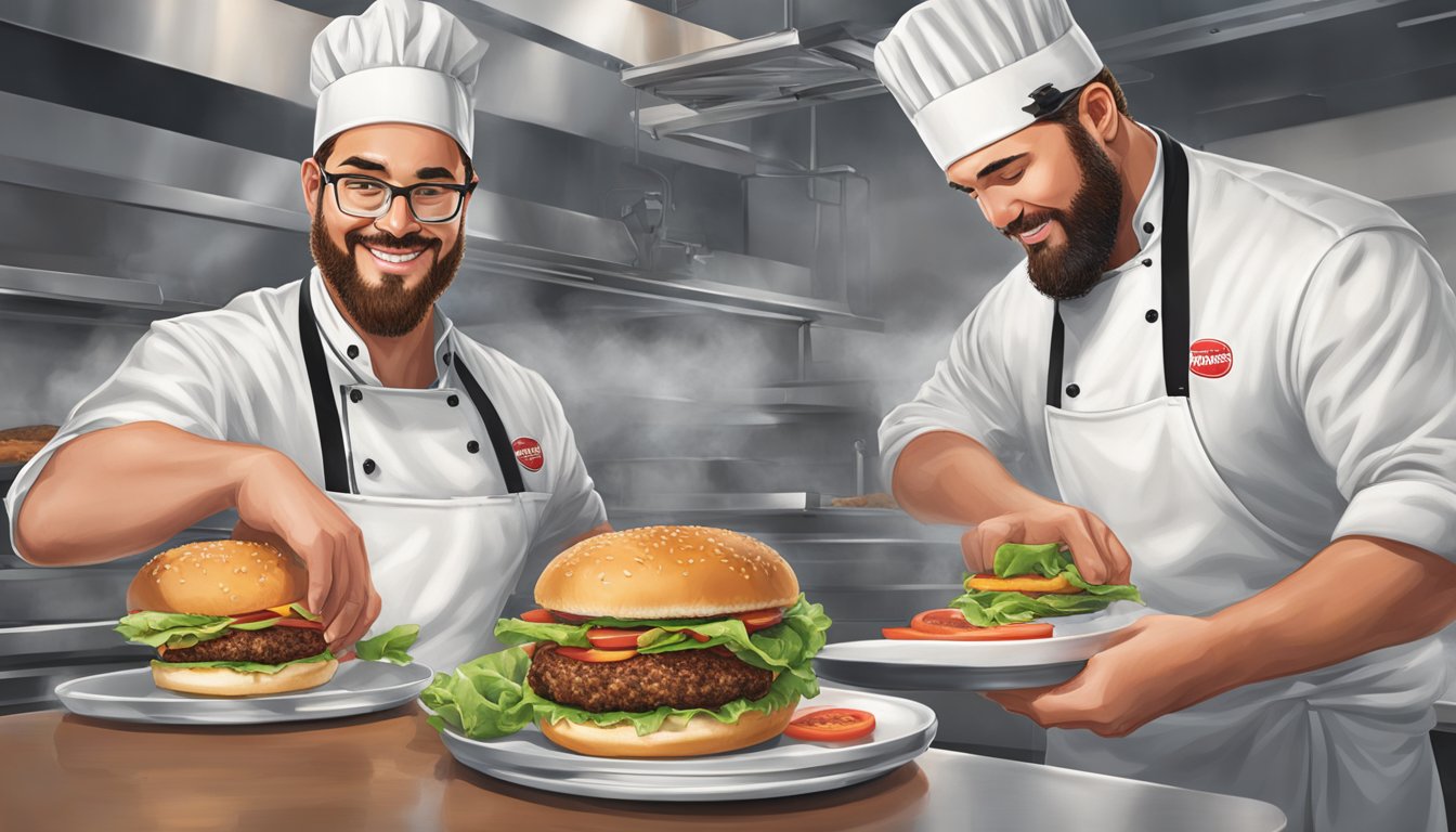 A chef at Wendy's grills a fresh beef patty while another chef at Smashburger prepares a specialty burger with unique flavor profiles