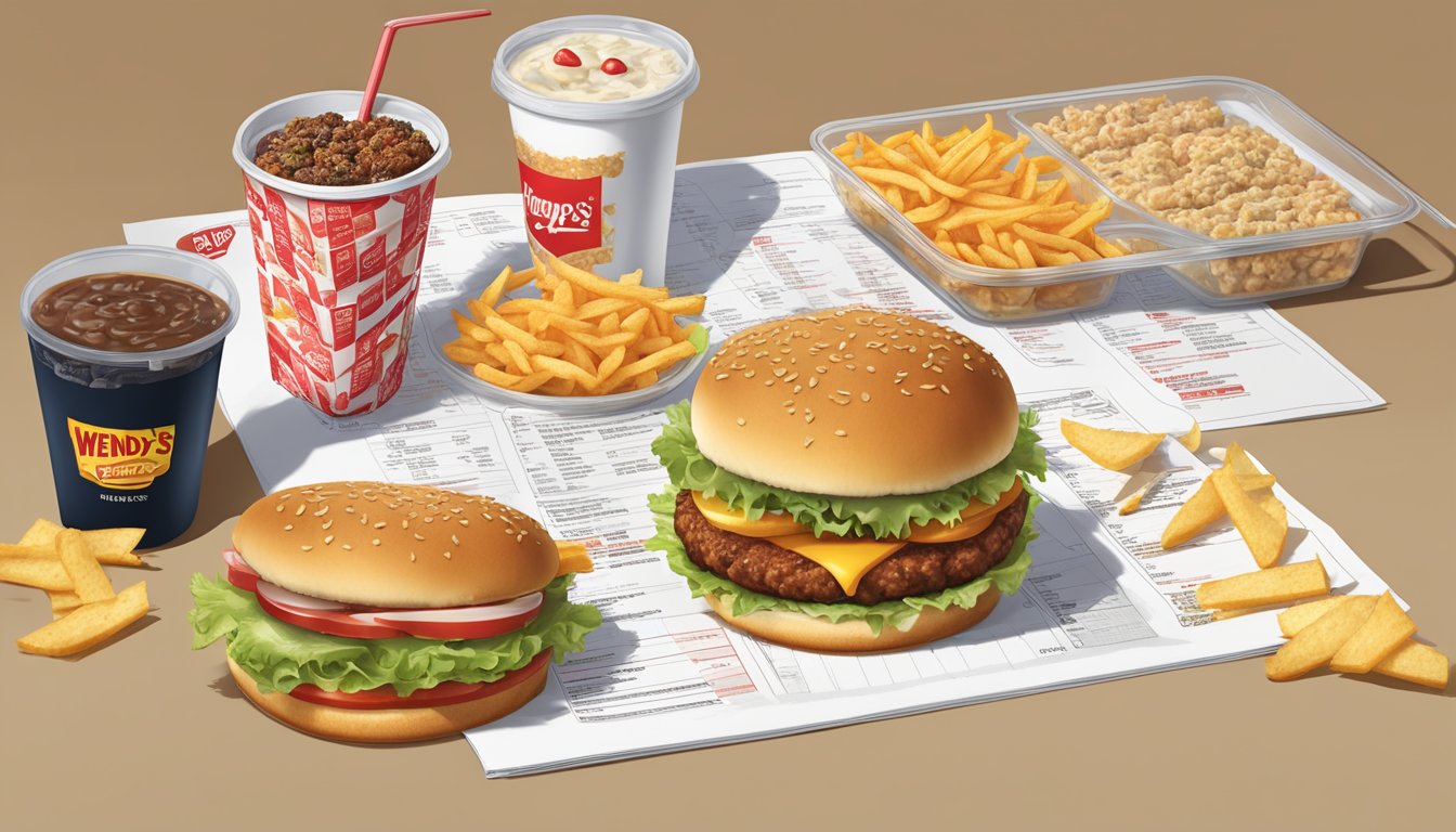 A table with a spread of Wendy's and Carl's Jr. menu items, surrounded by nutritional information charts and a scale for comparison